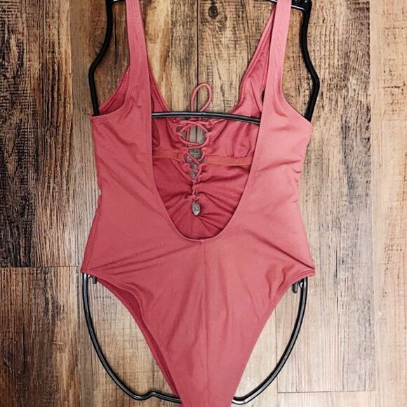 Xhilaration Ribbed Lace Up Scoop Back One Piece Swimsuit - Picture 3 of 5